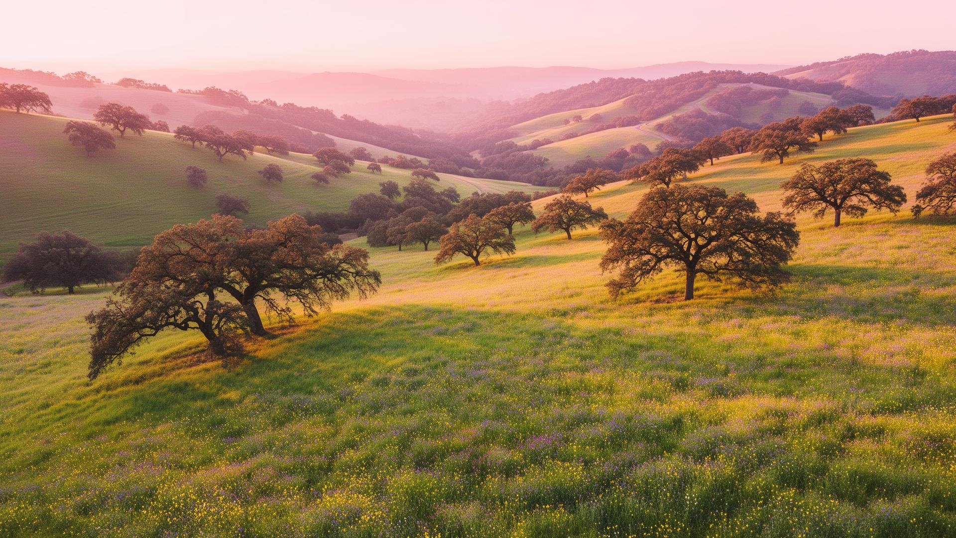Rolling green hills with wildflowers in the Motherlode at golden hour
