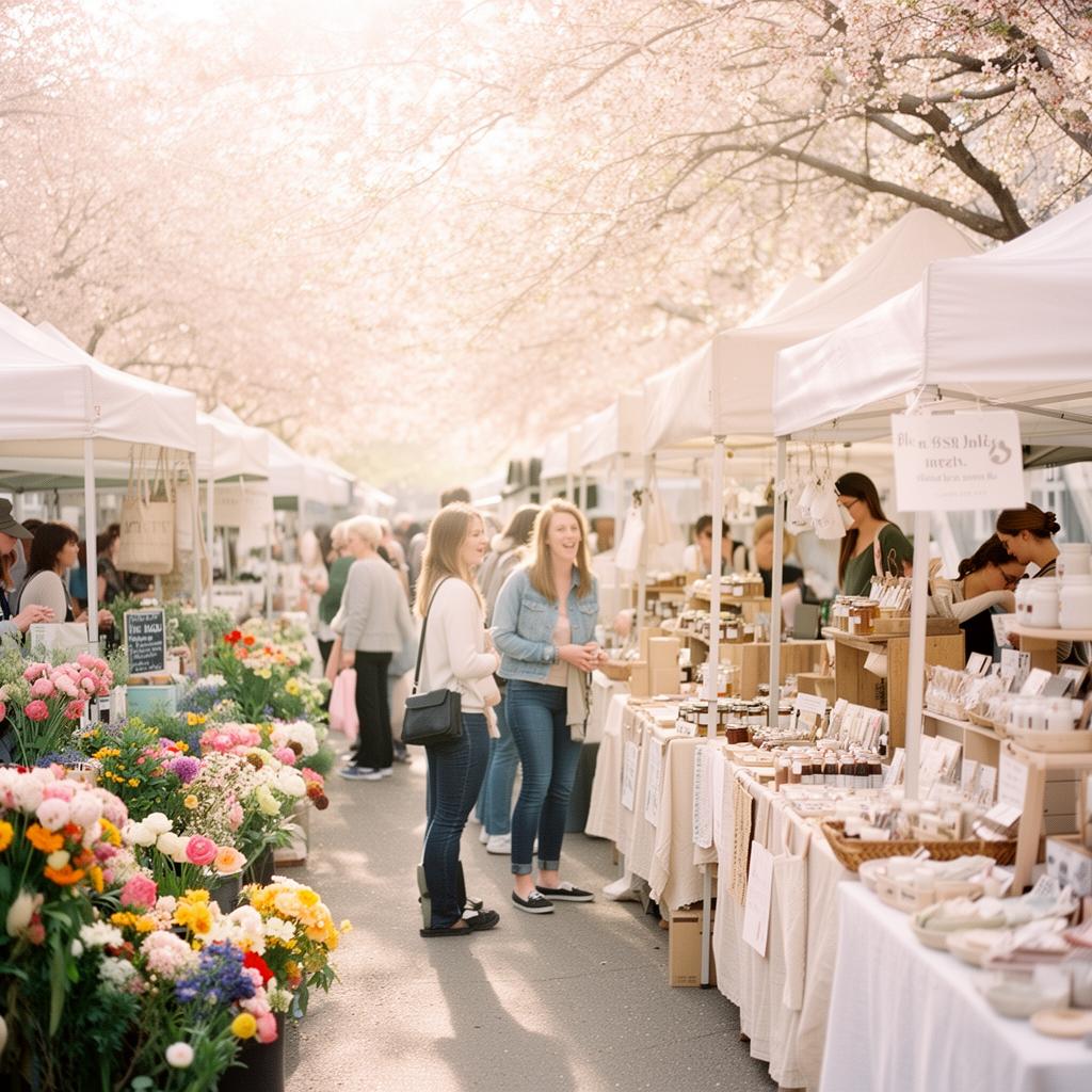 Spring farmers market with artisan food stalls and fresh flowers