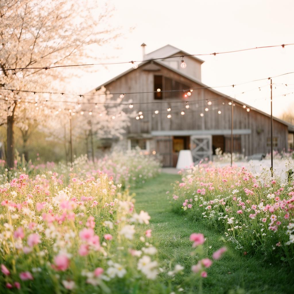 Beautiful outdoor venue with string lights and wildflowers